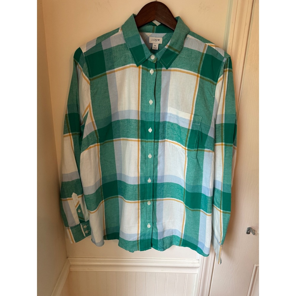 J.Crew Womens Green Plaid Cotton Button Down Shirt BK532 XL New‎